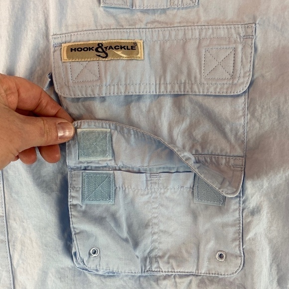 Hook & Tackle Fishing Gear Short Sleeve Vented Cotton Shirt Sz L Multi-pocket - Picture 5 of 13